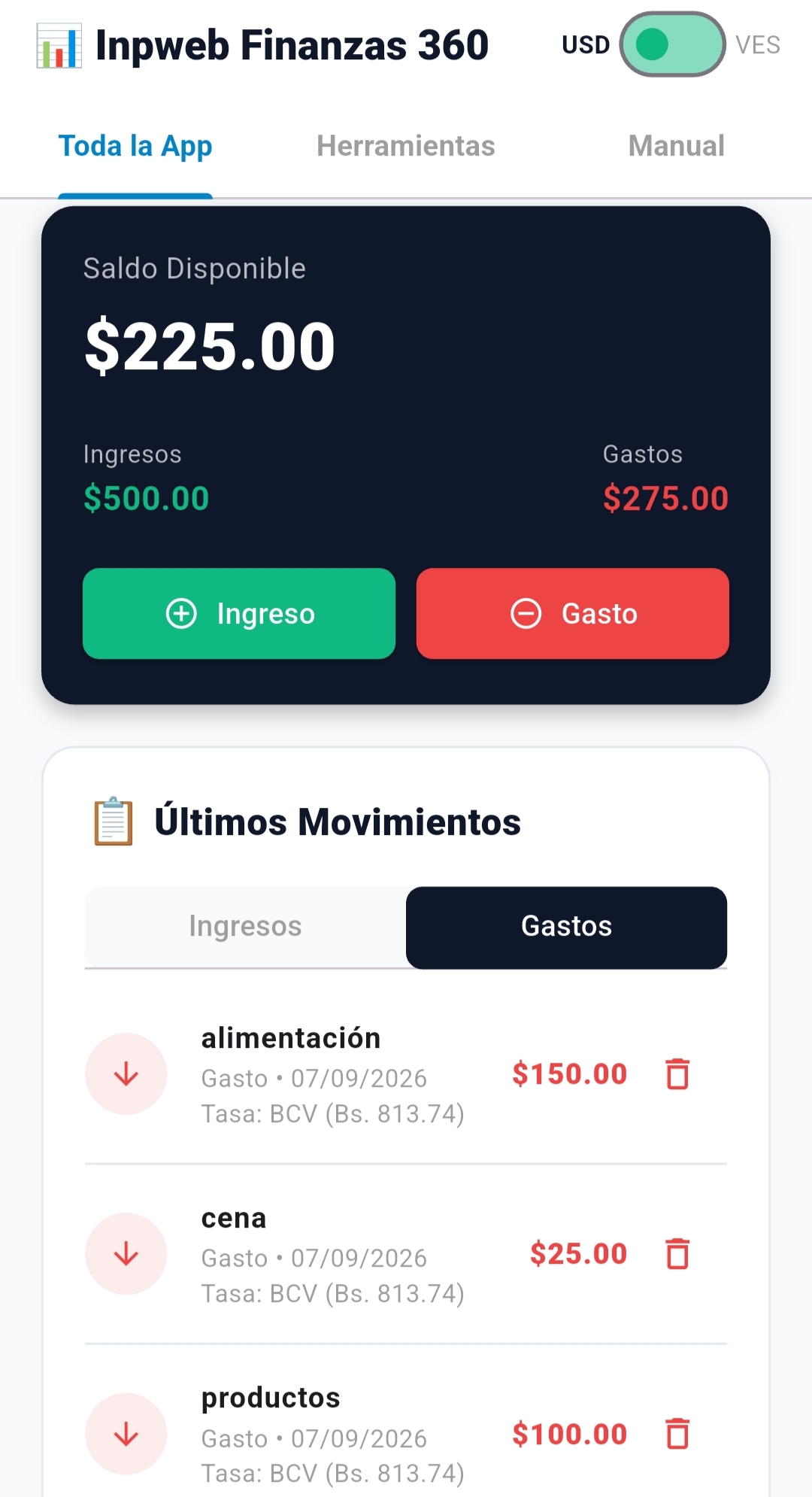 Inpweb Finanzas 360 - Pantalla 2